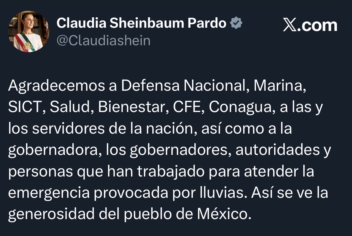 Sheinbaum reconoce apoyo de gobernadores ante afectaciones por lluvias