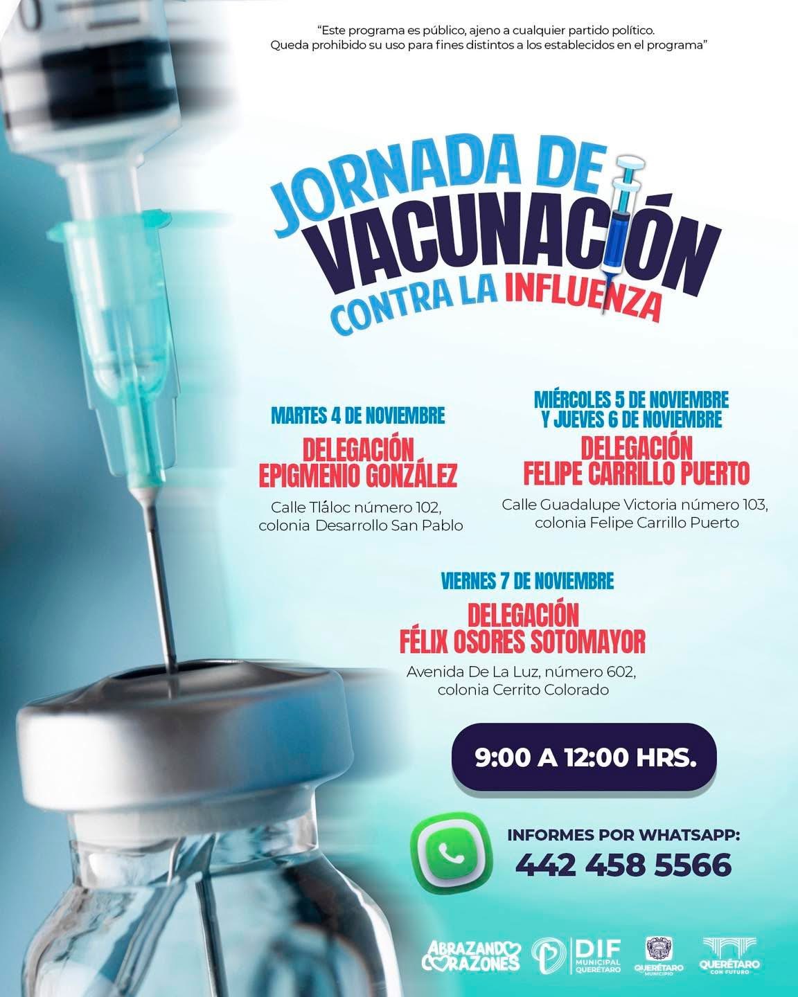 Realizarán jornada gratuita de vacunación contra la influenza en delegaciones de Querétaro