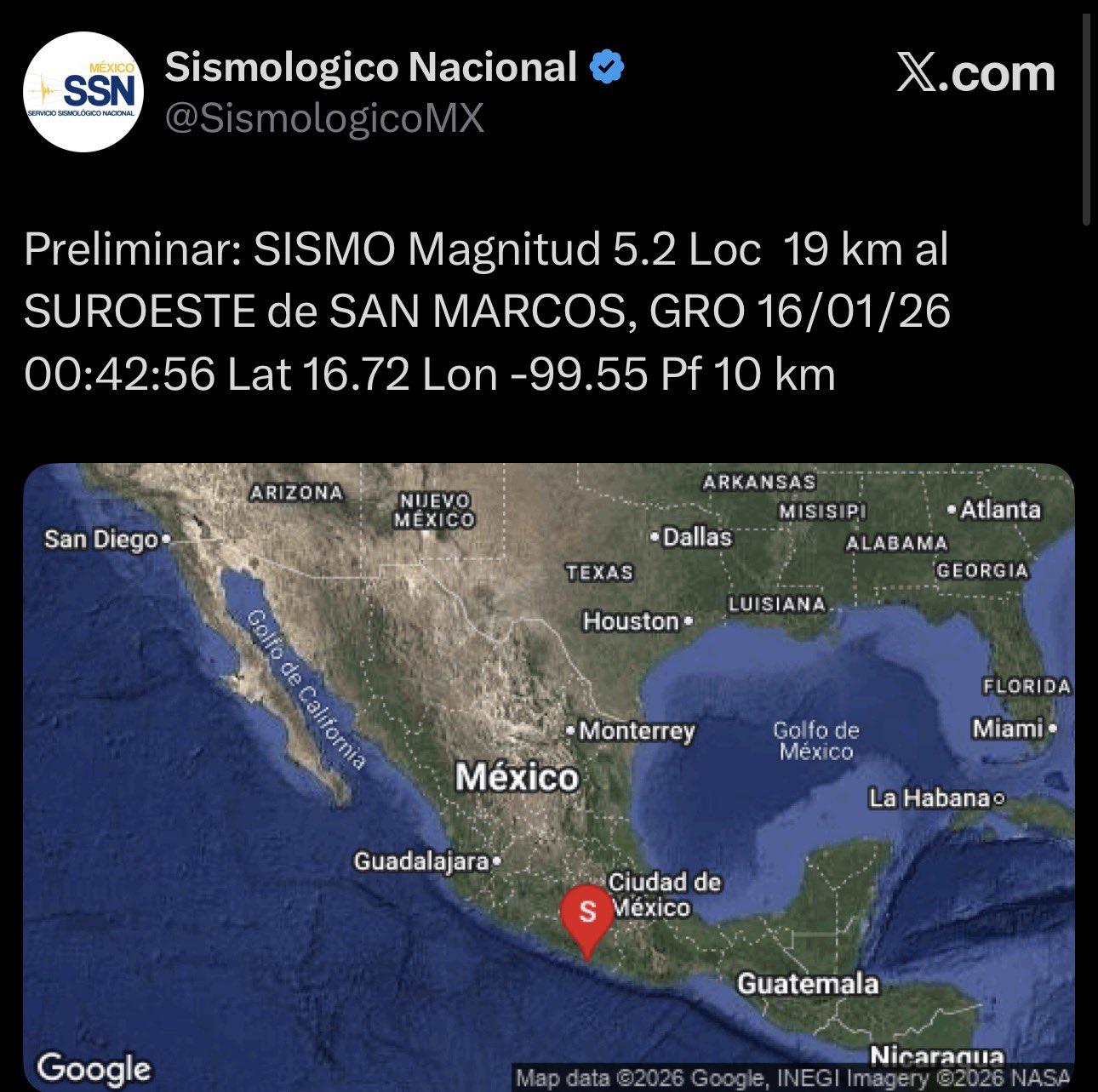🌎⚠️ Nuevo sismo en México este 16 de enero