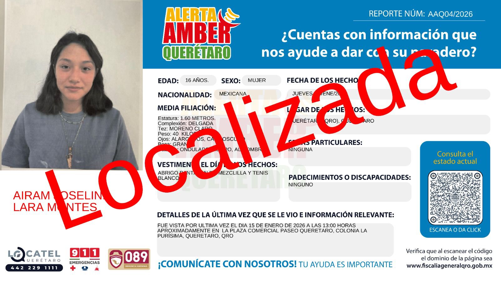 ¡Buenas noticias! La Fiscalía General del Estado de Querétaro confirmó que Airam Joseline Lara Montes, una de las cuatro adolescentes reportadas como desaparecidas el pasado 15 de enero