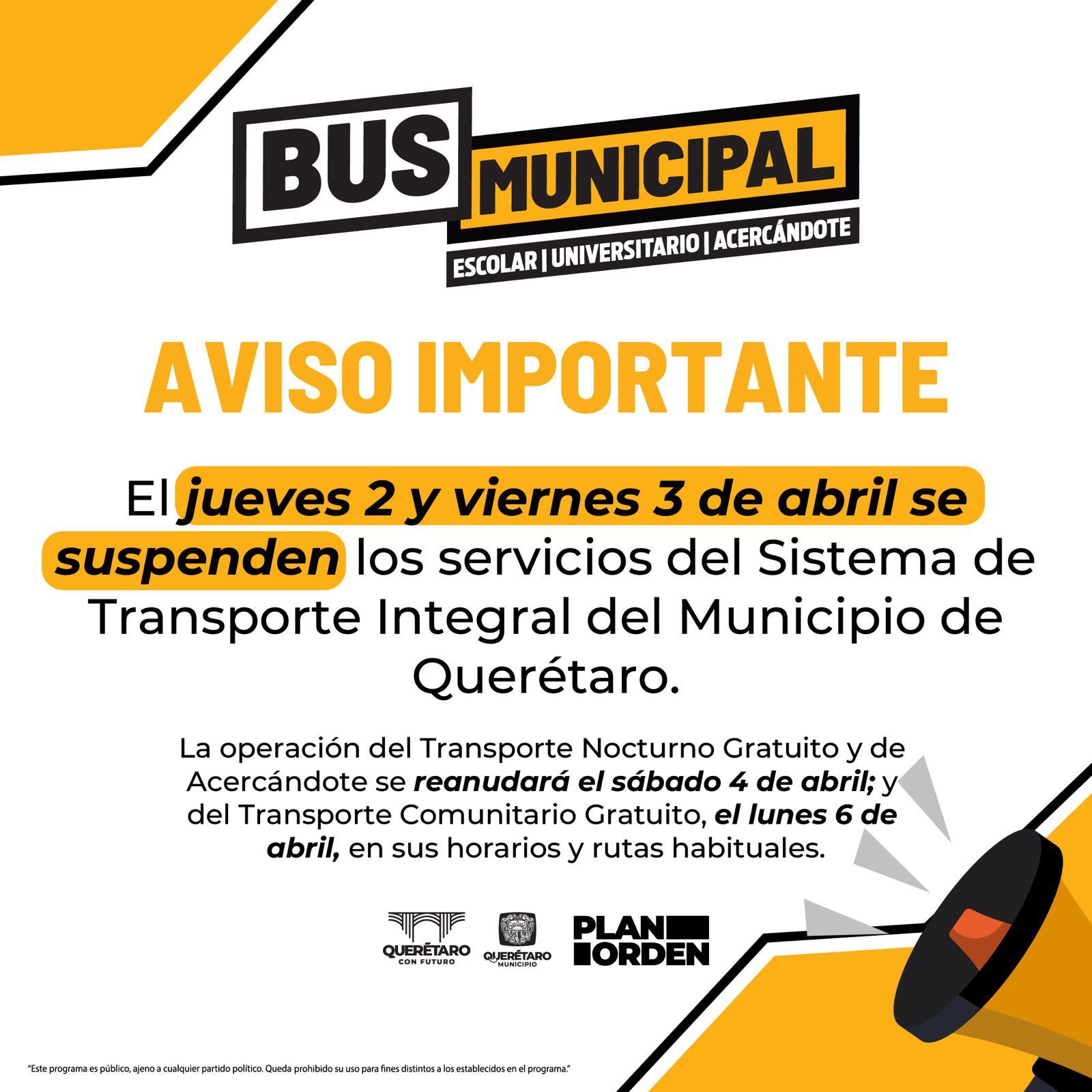 Municipio de Querétaro suspende servicio de transporte gratuito el 2 y 3 de abril