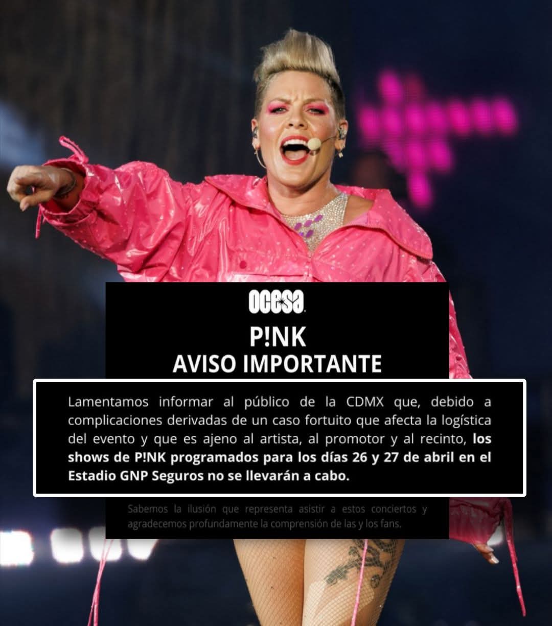 🎤💔 ¡Malas noticias para los fans! La cantante Pink canceló los conciertos que tenía programados en la Ciudad de México como parte de su gira Carnival Tour.