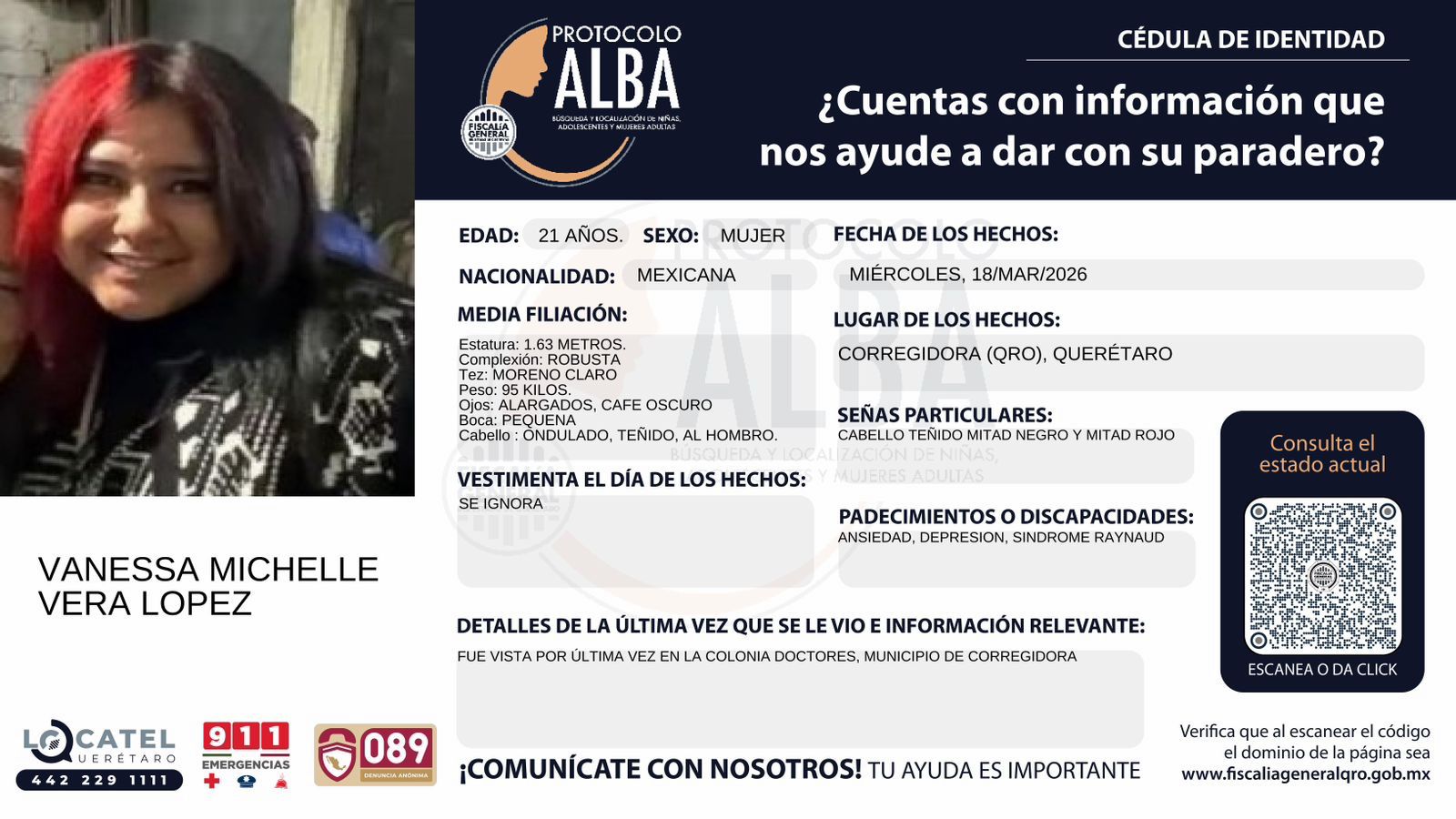 🚨 SERVICIO SOCIAL: Ayúdanos a localizar a Vanessa Michelle 📢