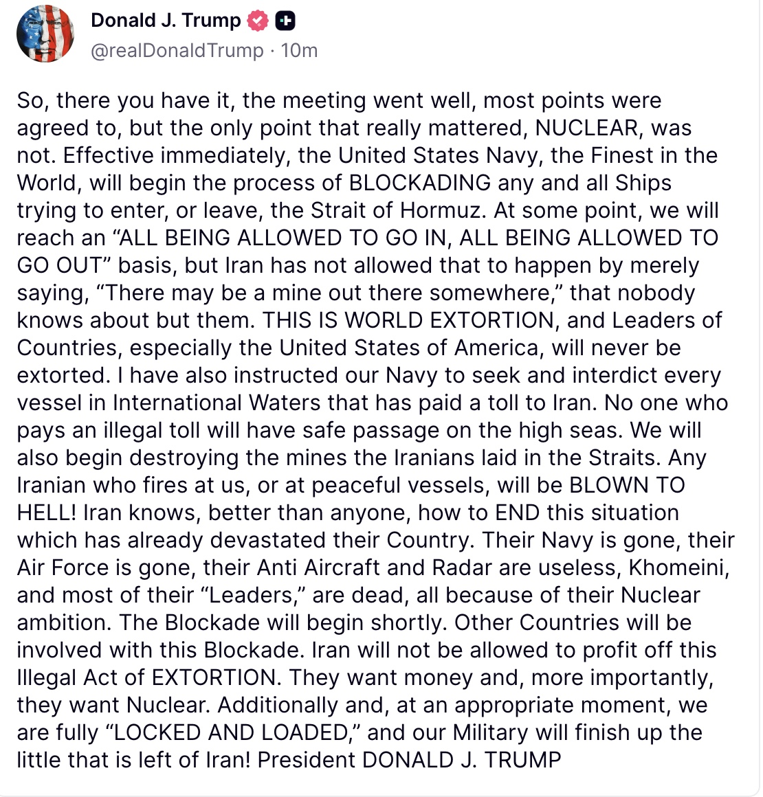🌍🚨 ¡ESCALADA GLOBAL!  El presidente de Estados Unidos, Donald Trump, ordenó un bloqueo naval en el estrecho de Ormuz, una de las rutas más importantes para el petróleo en el mundo. 😱🛢️