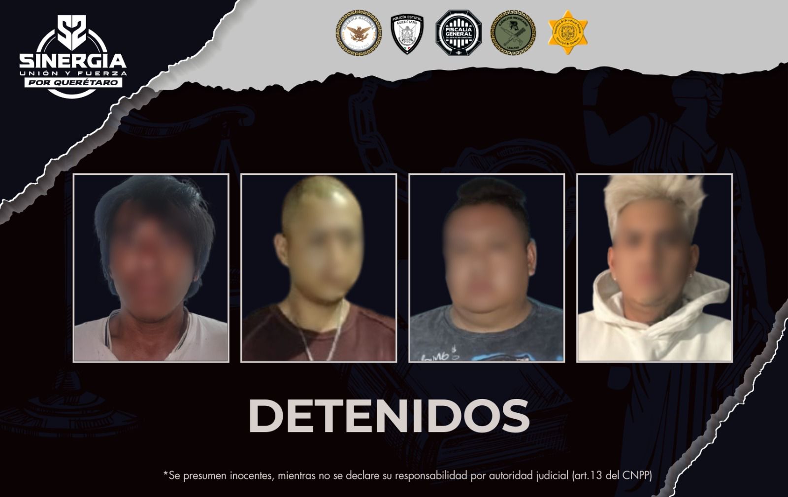 🛡️ En el marco de la estrategia Sinergia por Querétaro, la Fiscalía General del Estado llevó a cabo una serie de cateos simultáneos que resultaron en la detención de cuatro hombres.