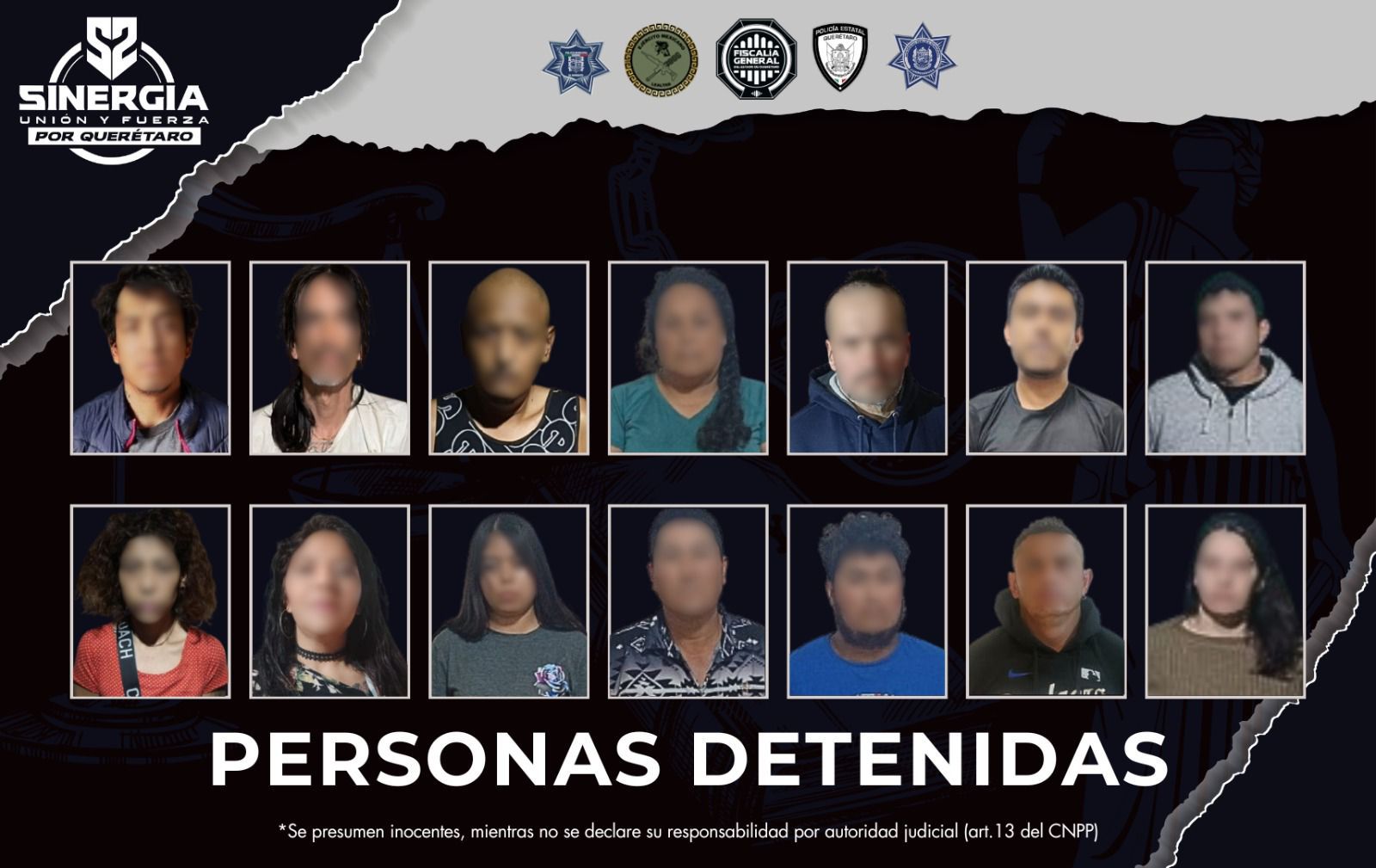 🛡️ Bajo la estrategia Sinergia por Querétaro, la Fiscalía General del Estado ejecutó una serie de cateos en cuatro municipios, logrando la detención de 14 personas y el aseguramiento de armas, drogas e inmuebles.