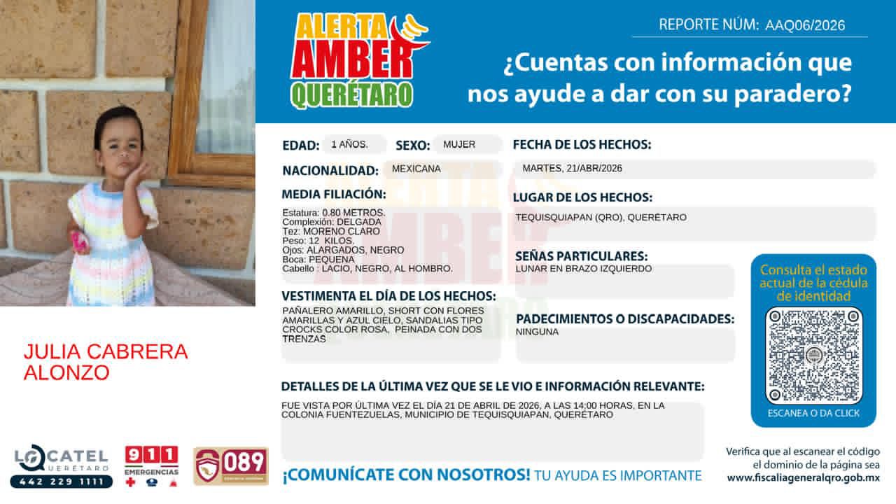 Se ha confirmado la prórroga de la Alerta AMBER para la localización de JULIA CABRERA ALONZO, por lo que se solicita el apoyo de la comunidad para difundir su búsqueda.