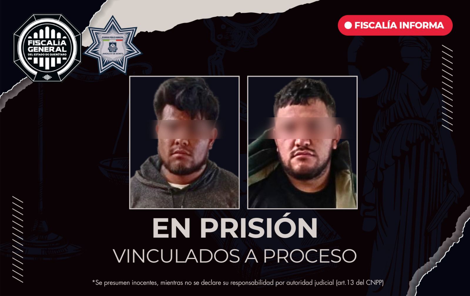 ¡Justicia en el municipio de Amealco! ⚖️🛡️ La Fiscalía General del Estado de Querétaro logró la vinculación a proceso y prisión preventiva para dos hombres, José N. y Francisco N., acusados de robo calificado con violencia