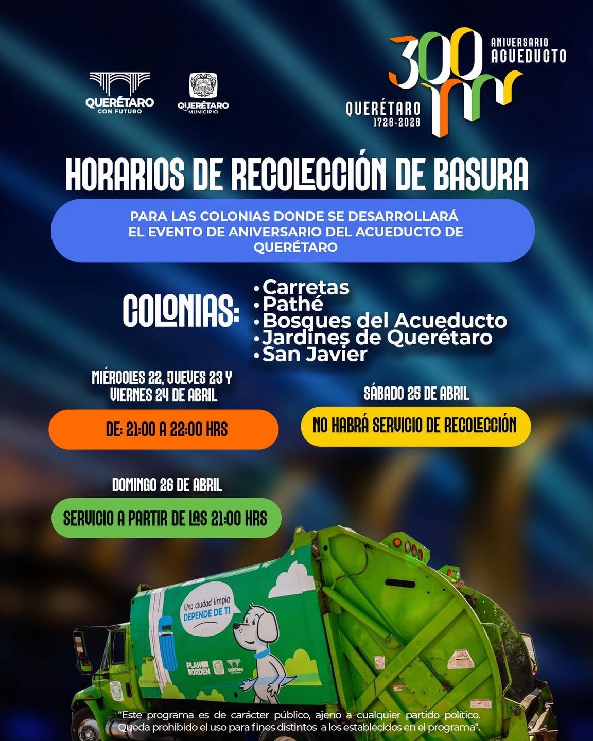 Ajustan horarios de recolección de basura en colonias cercanas a Los Arcos por festejos