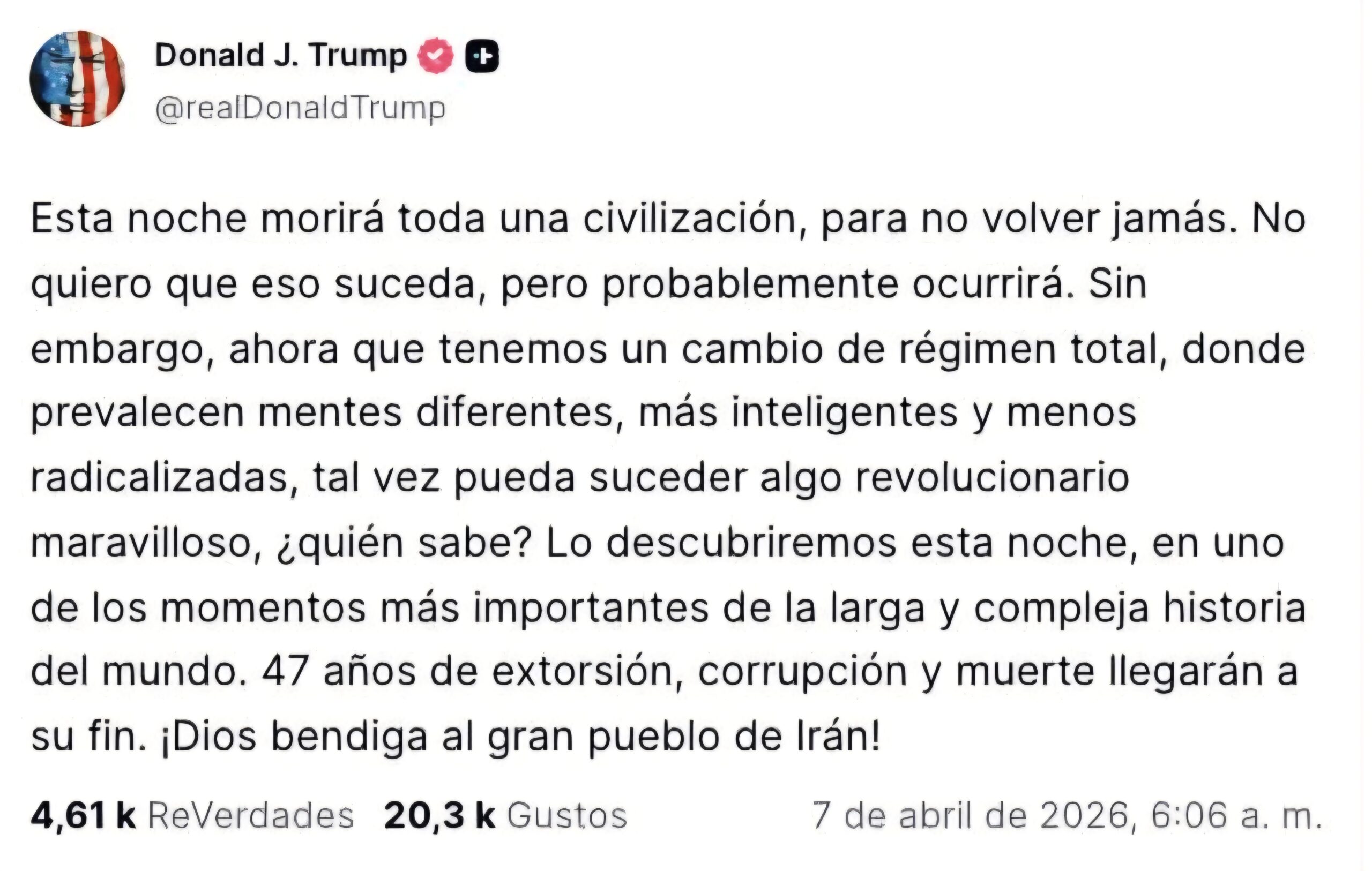 El presidente de Estados Unidos, Donald Trump, lanzó una de sus advertencias más fuertes contra Irán:“toda una civilización podría morir esta noche”. 😳⚠️