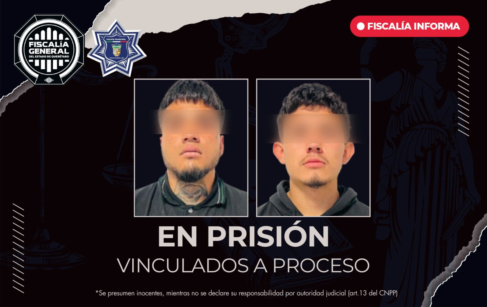 ⚖️🛡️ La Fiscalía General del Estado de Querétaro logró la vinculación a proceso y prisión preventiva justificada para Cristofer N. y Miguel Ángel N., presuntos responsables de un homicidio doloso ocurrido en el municipio de Pedro Escobedo. 🏛️🚨