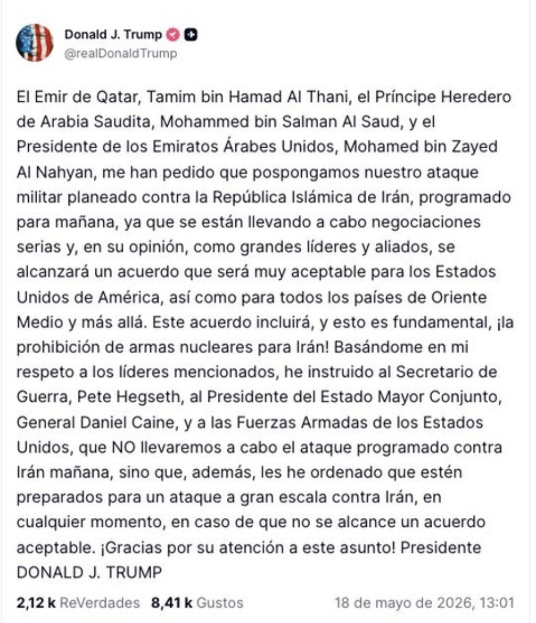 🚨🇺🇸🇮🇷 Donald Trump sorprendió al mundo al anunciar que suspendió un ataque militar que Estados Unidos tenía planeado contra Irán para este martes. 😳