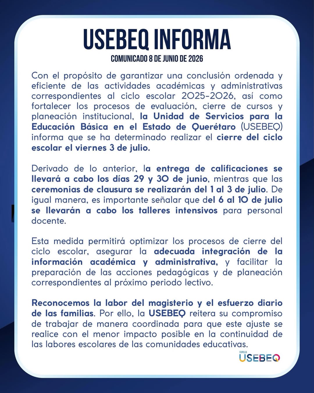 (USEBEQ) anunció que el ciclo escolar 2025-2026 concluirá oficialmente el próximo 3 de julio