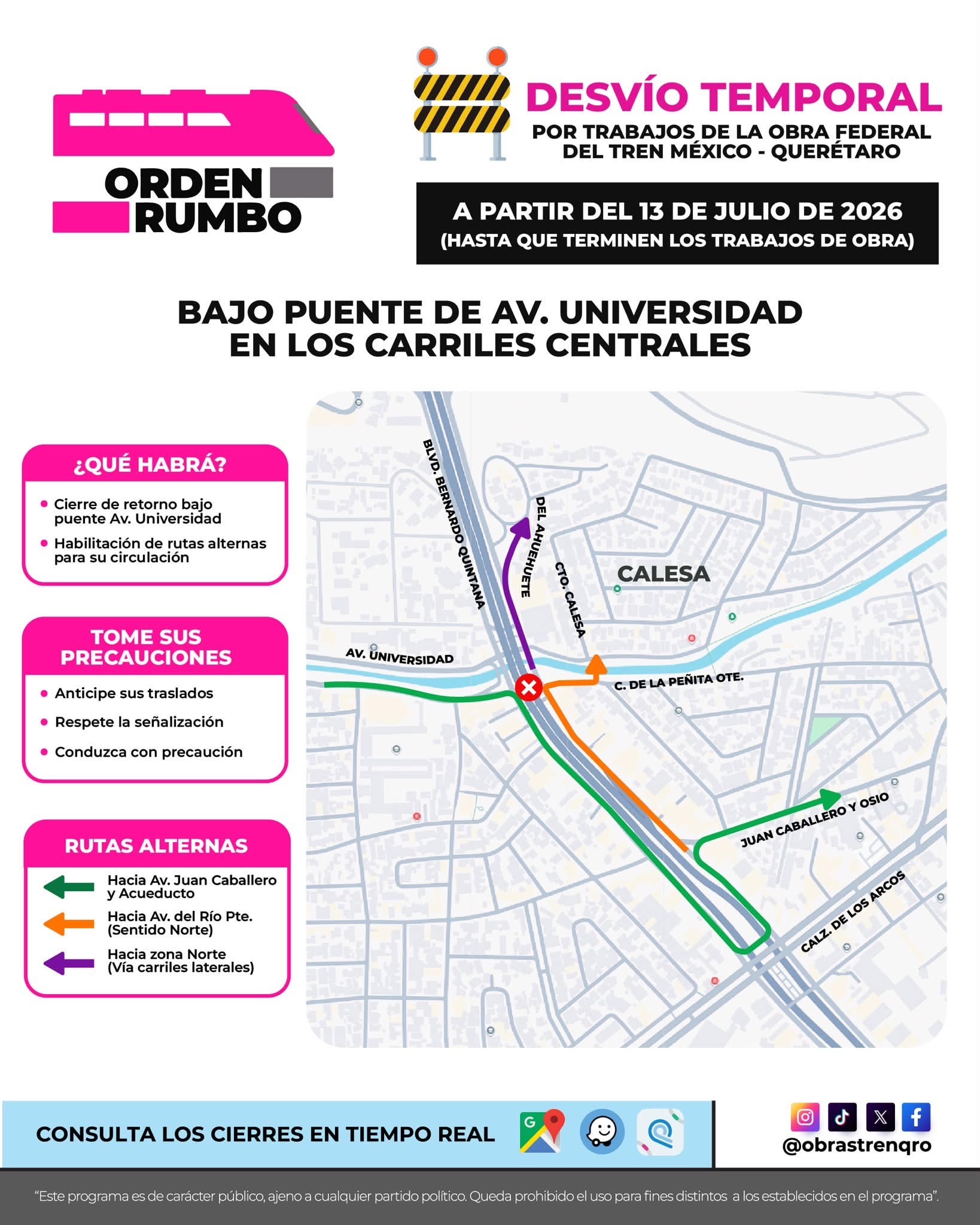 Cierran bajo puente de avenida Universidad por obras del tren México-Querétaro