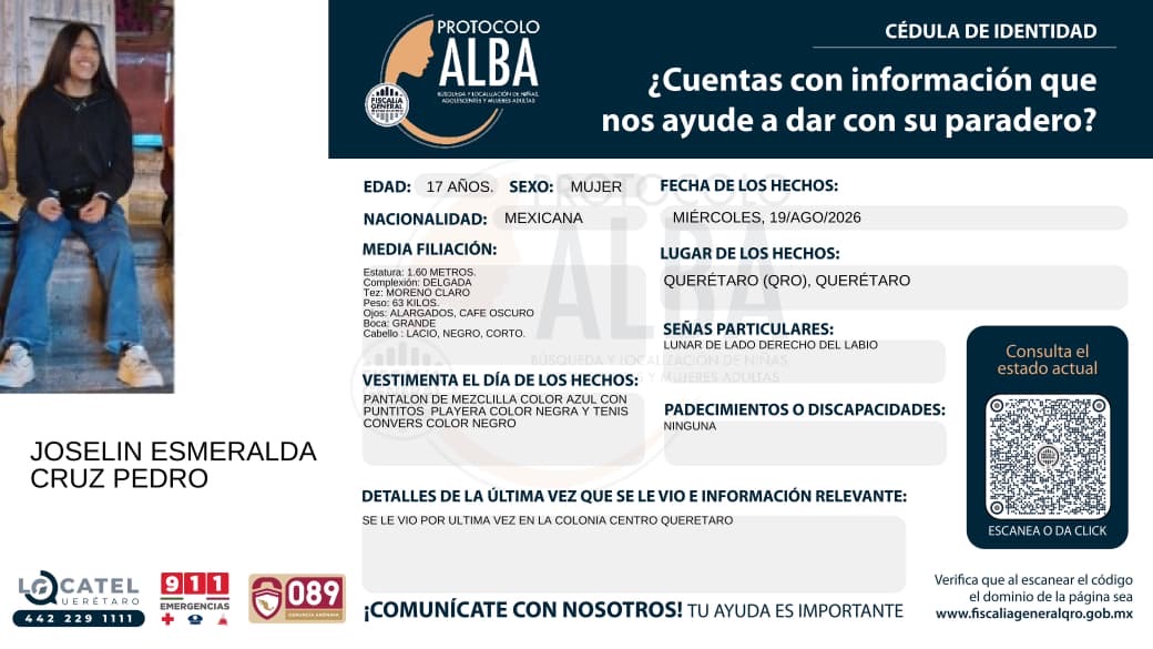 Fiscalía de Querétaro pide apoyo para localizar a Joselin Esmeralda Cruz 