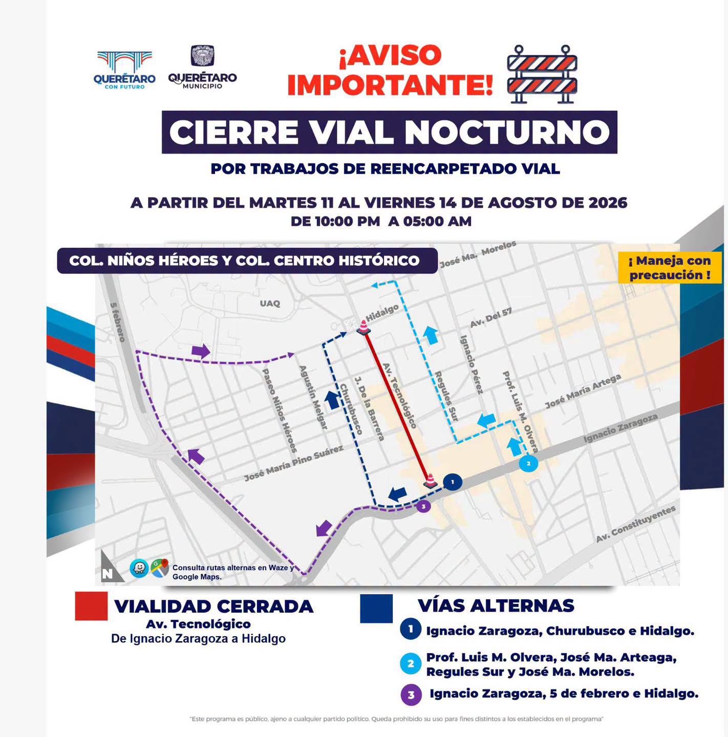 Habrá cierre nocturno esta semana en Tecnológico por trabajos de reencarpetado