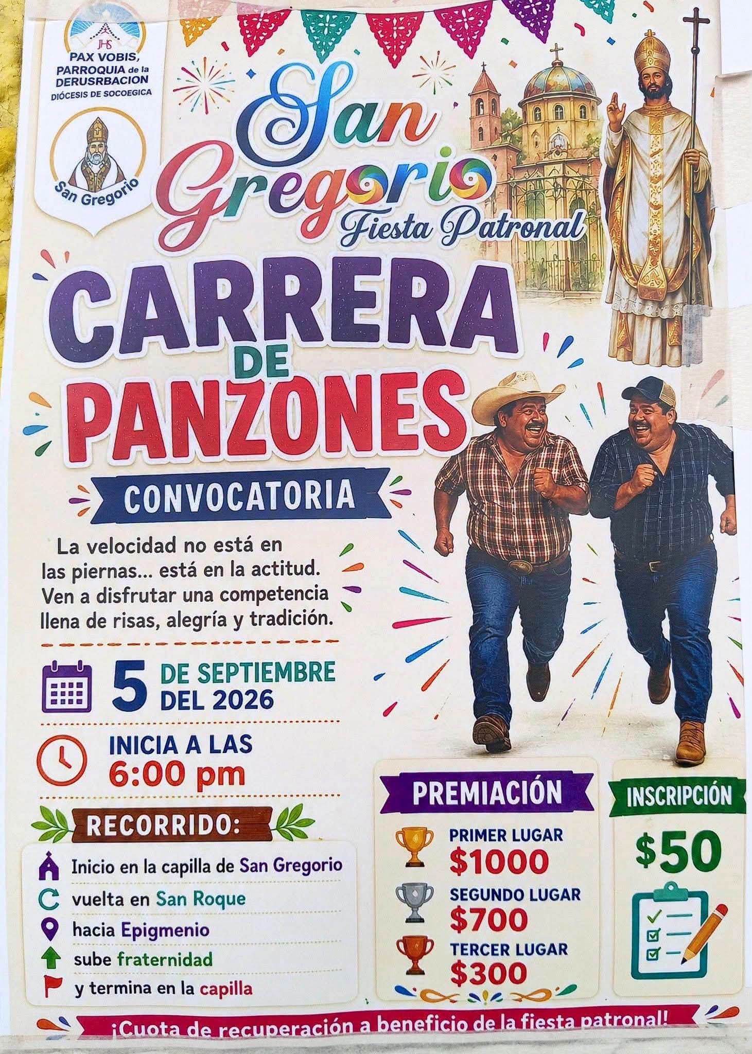 🏃‍♂️En el marco de la fiesta patronal de San Gregorio, se ha lanzado la convocatoria para la esperada y divertida “Carrera de Panzones”
