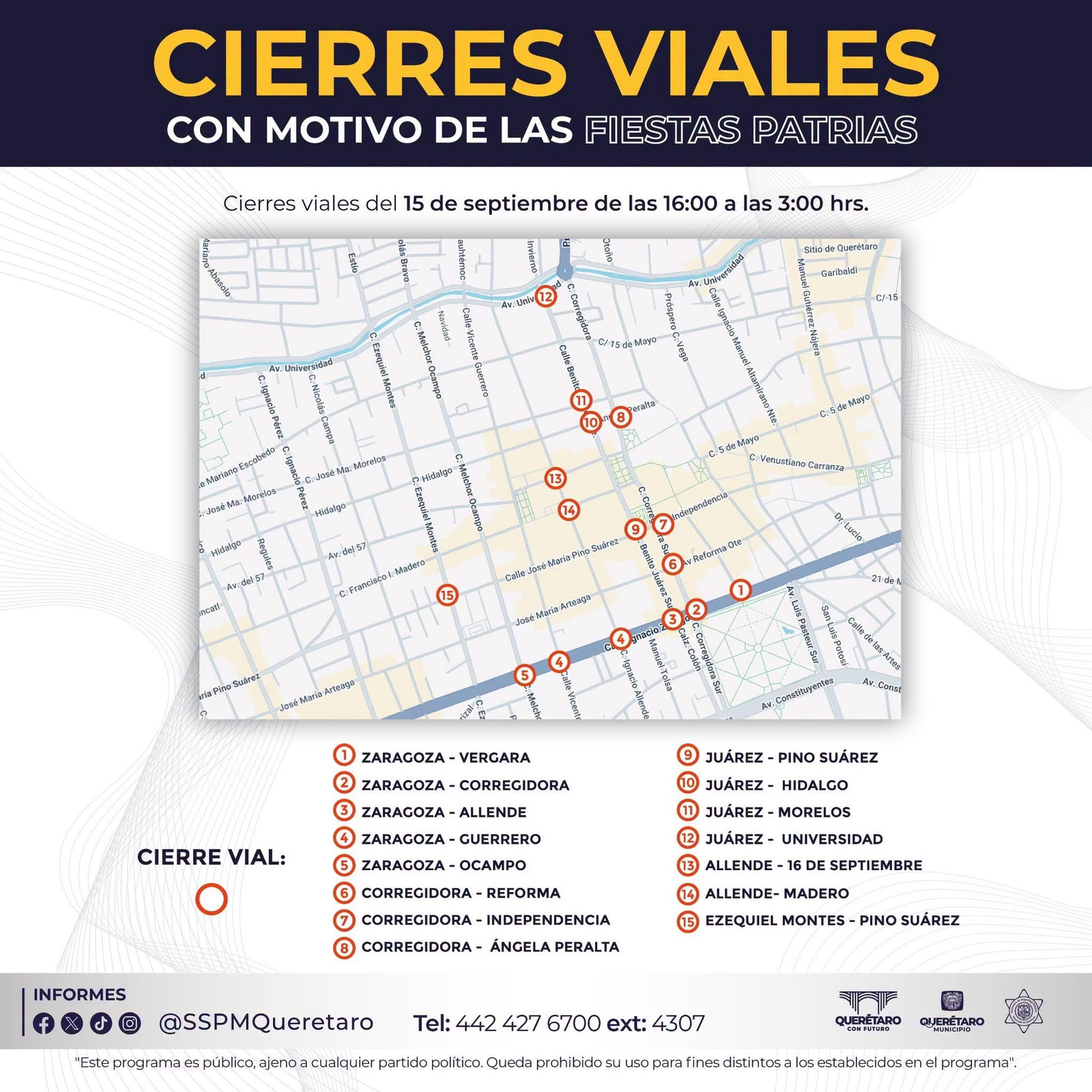 Estos son los cierres viales en el centro de Querétaro por las fiestas patrias
