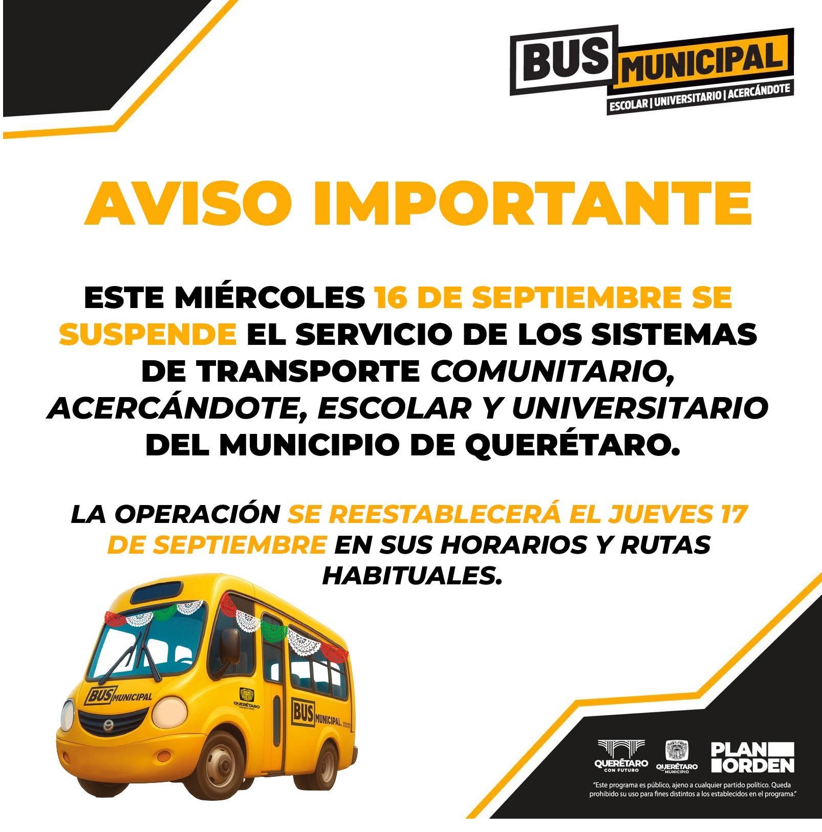 Transporte municipal gratuito no operará el 16 de septiembre en Querétaro