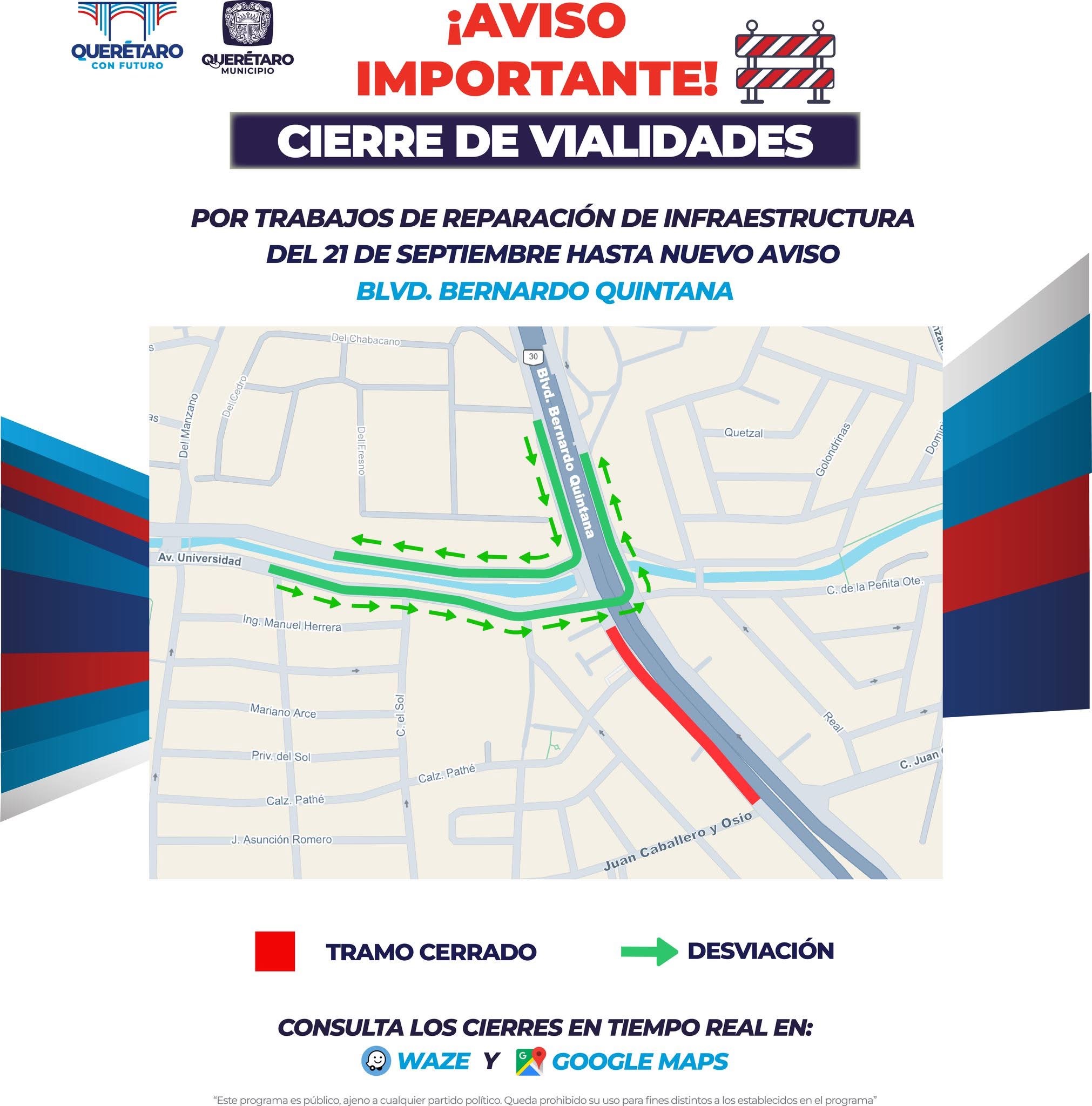 Hay cambios viales en Bernardo Quintana por trabajos de reparación