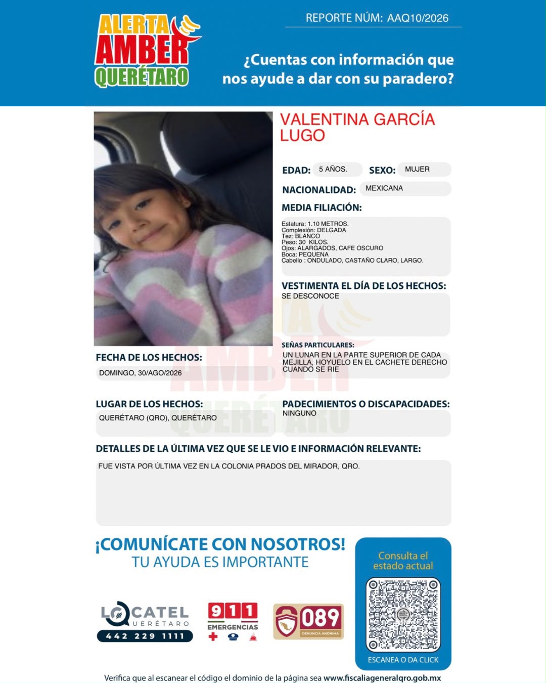 ¡#AlertaAMBER Querétaro! Solicitamos la colaboración de la ciudadanía para la localización de la menor VALENTINA GARCÍA LUGO 🚨🚨🚨