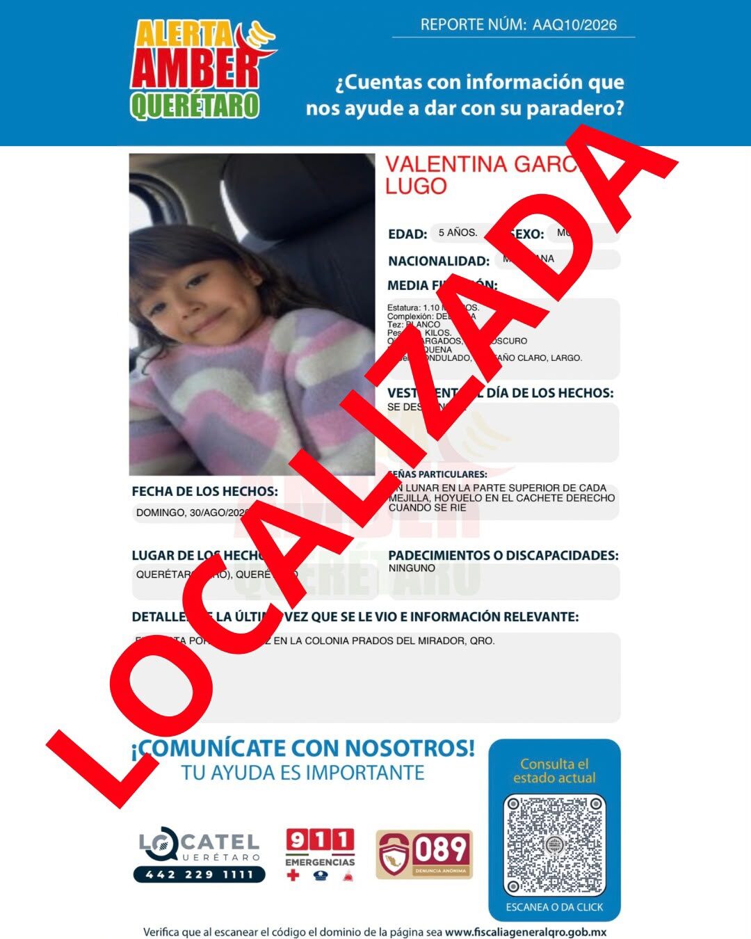 ¡Localizada con vida! Localizan a la menor Valentina García Lugo y detienen a dos mujeres tras activar Alerta AMBER en Querétaro 👧🚨