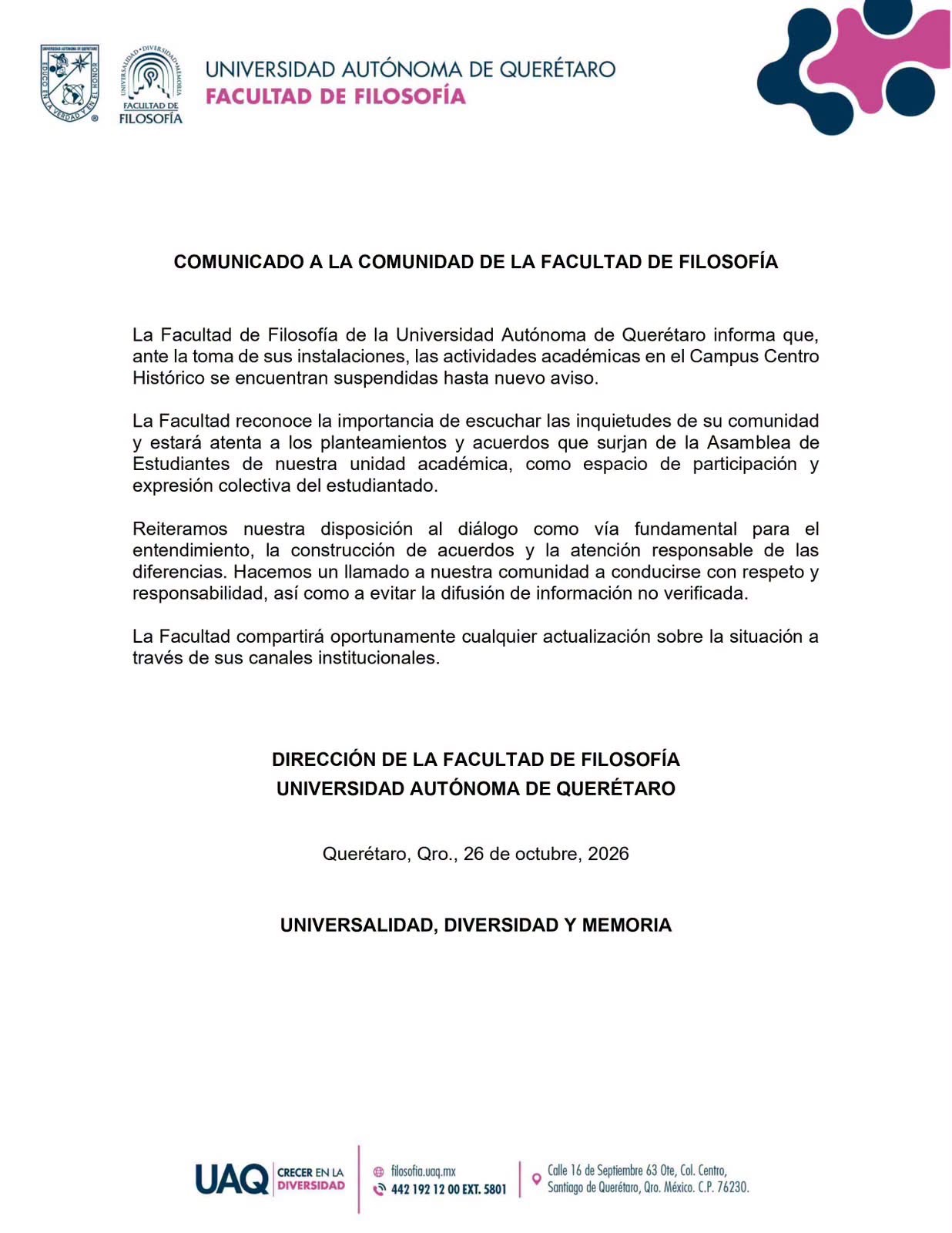 UAQ suspende clases en la Facultad de Filosofía del Centro Histórico hasta nuevo aviso