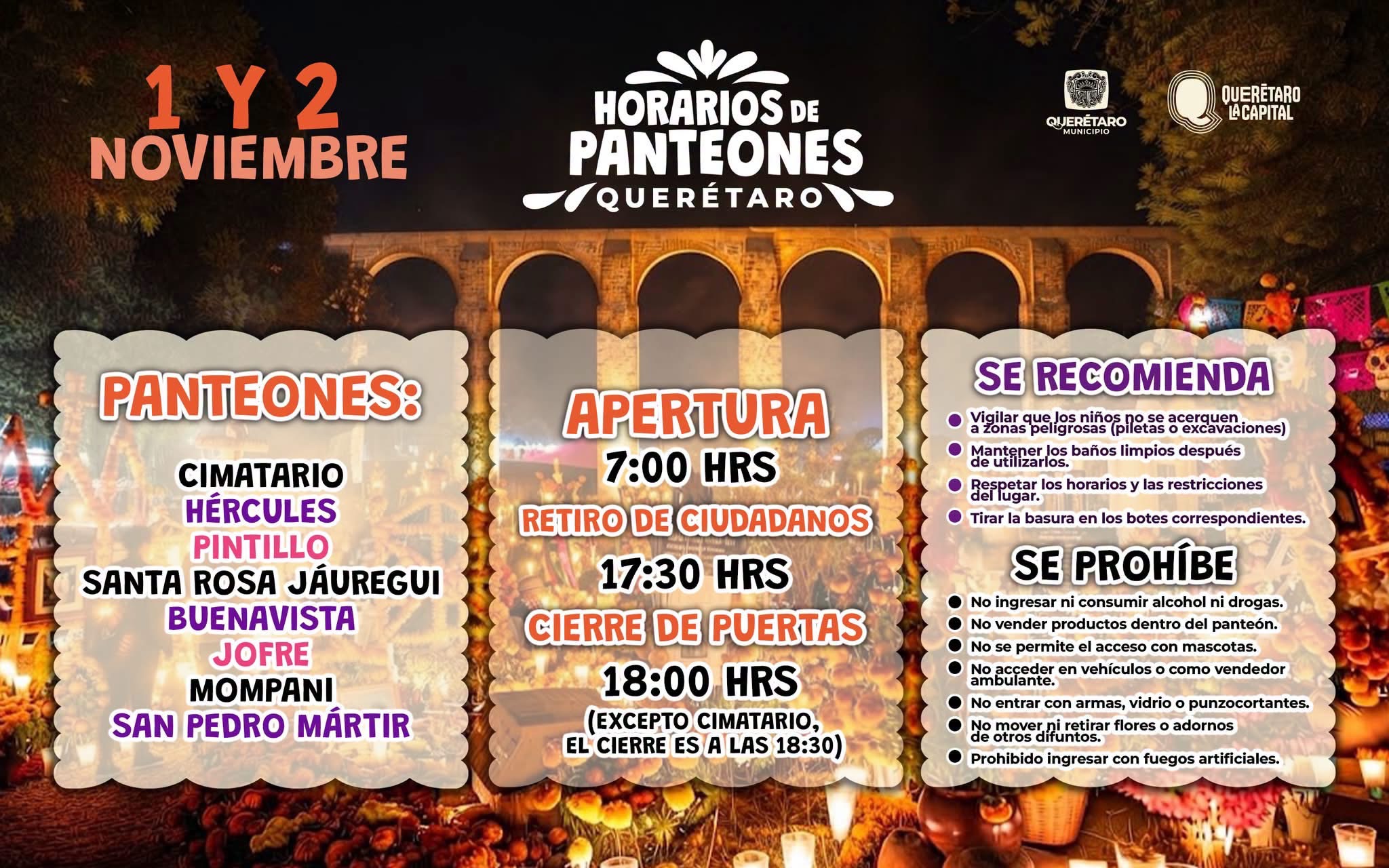 Llaman a respetar horarios y restricciones en panteones de Querétaro por Día de Muertos